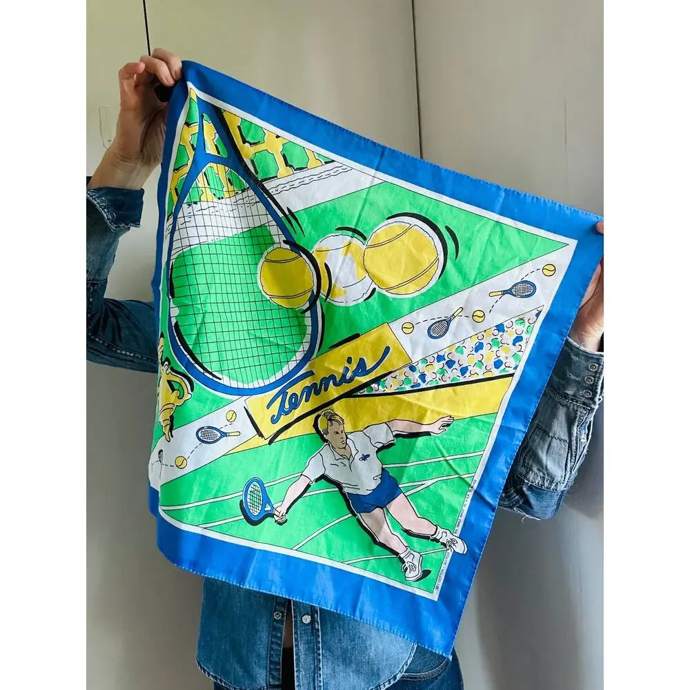 Vintage Novelty Neck Scarf Motif Tennis Summer Spring Happy Colors USA Made